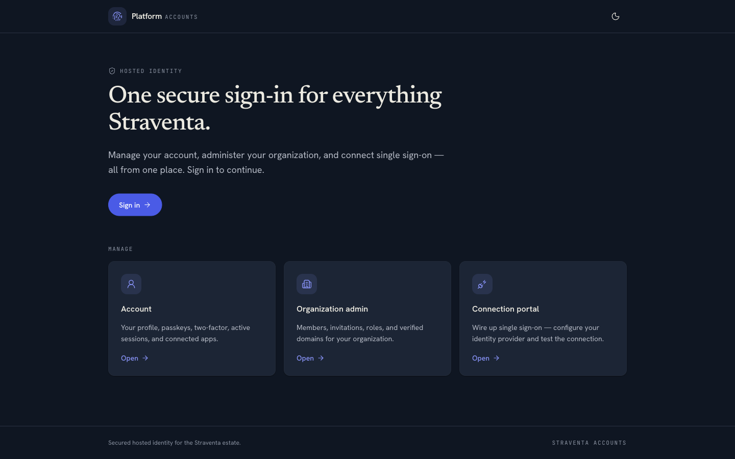 Straventa Accounts hosted-identity home, showing the Account, Organization admin, and Connection portal entry points